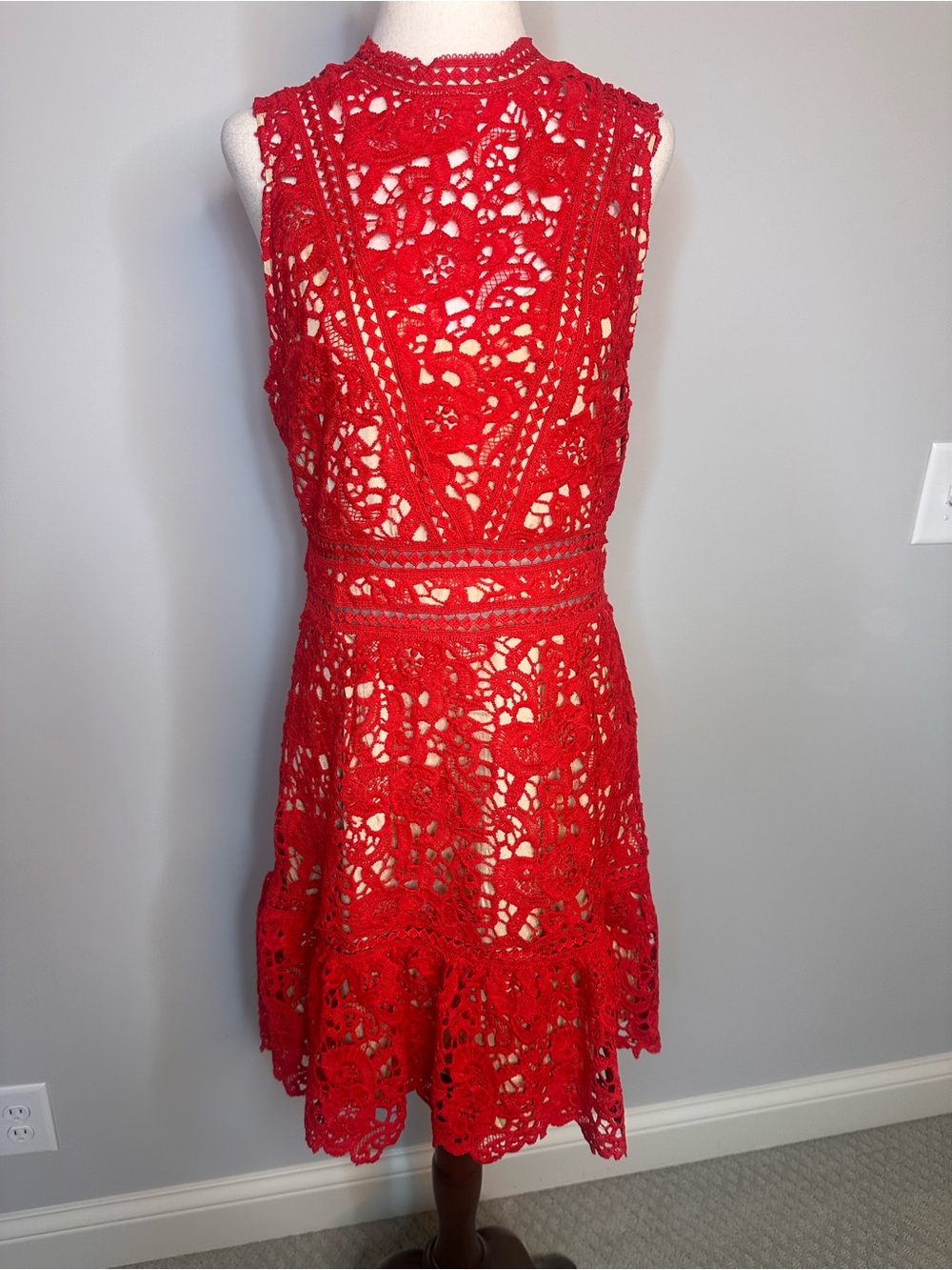 NWT sz L Do + Be embroidered lace dress red fit and flare sleeveless